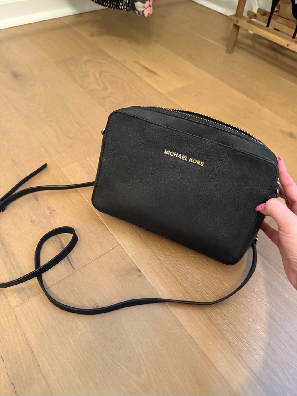 Michael Kors Black Saffiano Crossbody Camera Bag with Gold Logo